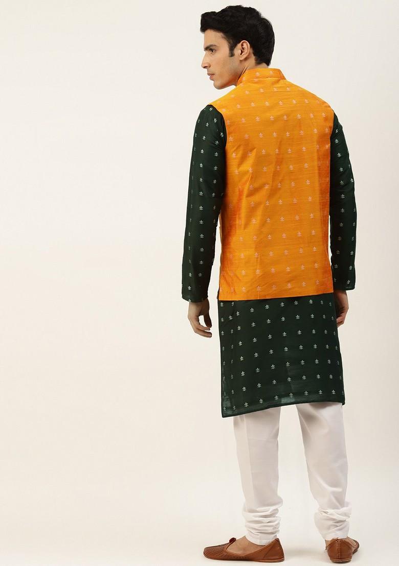 Green Solid Poly Blend Kurta Set For Men
