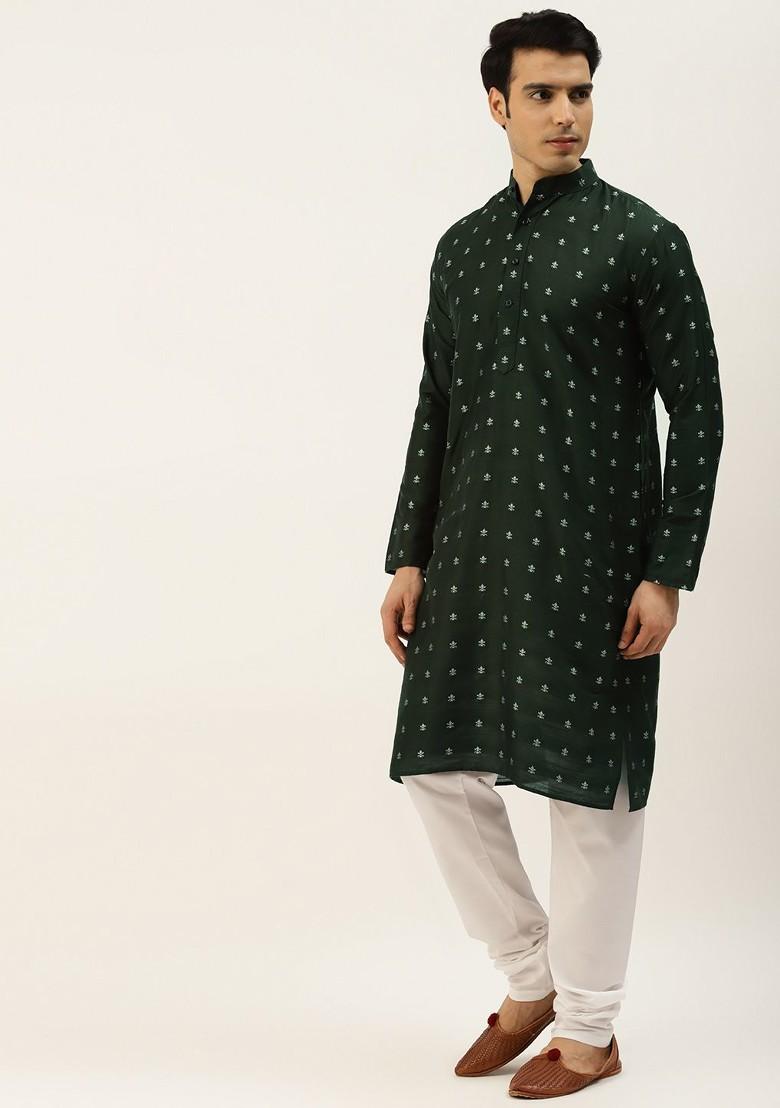 Green Solid Poly Blend Kurta Set For Men