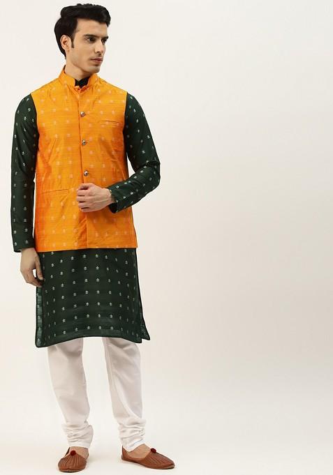 Green Solid Poly Blend Kurta Set For Men