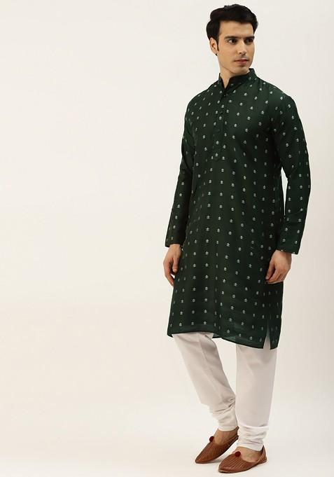 Green Solid Poly Blend Kurta Set For Men