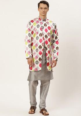 White Floral Print Poly Blend Kurta Set For Men