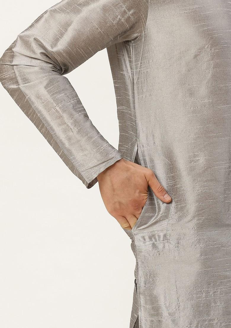 White Floral Print Poly Blend Kurta Set For Men