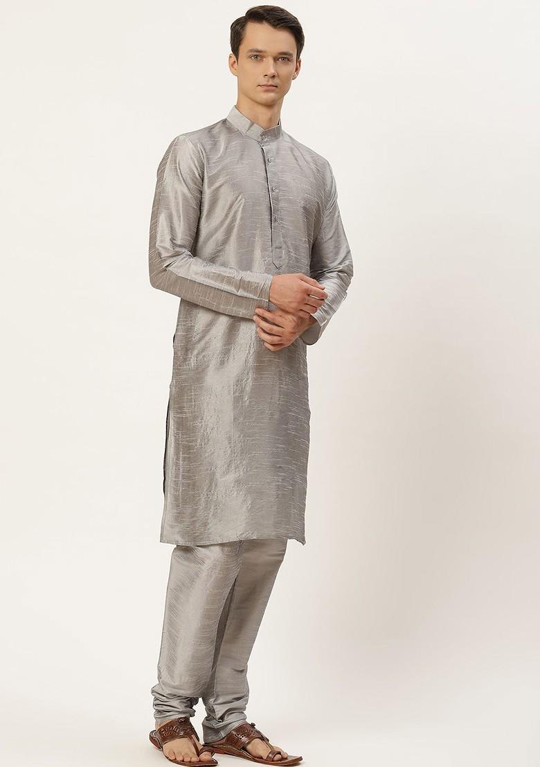 White Floral Print Poly Blend Kurta Set For Men