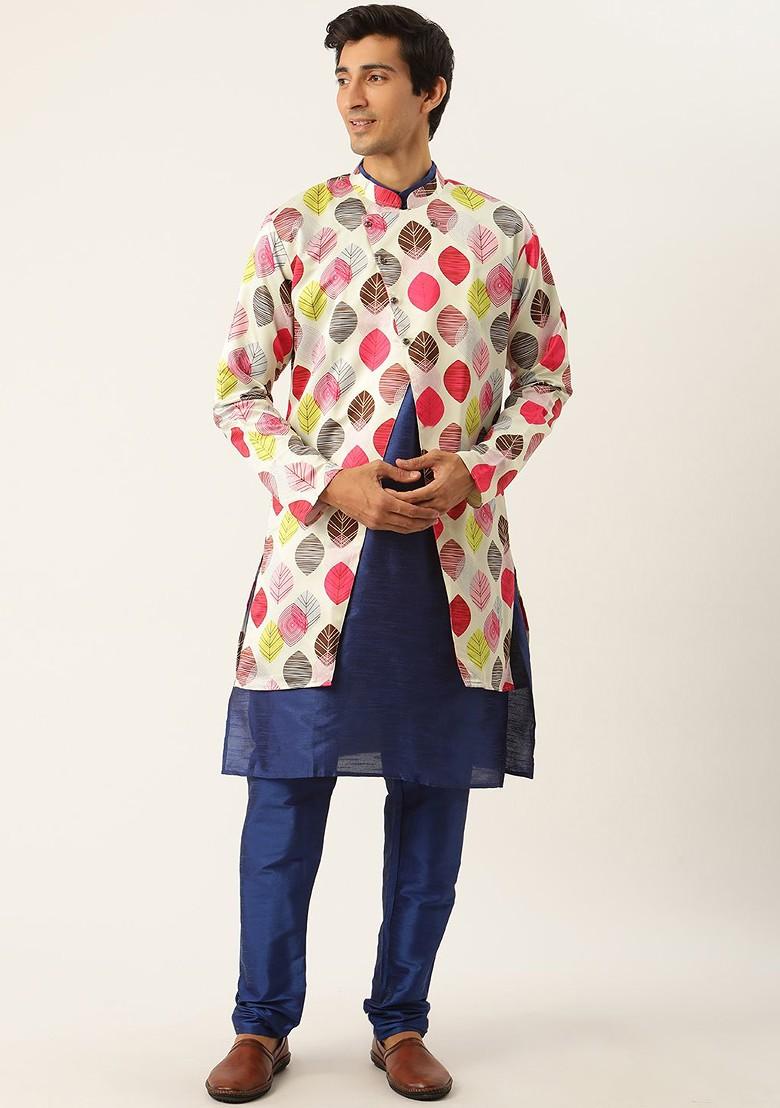 Navy Blue Solid Poly Blend Kurta Set For Men