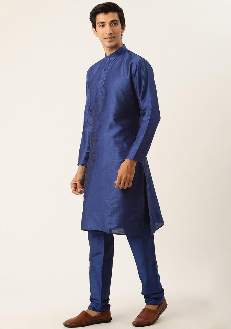 Navy Blue Solid Poly Blend Kurta Set For Men