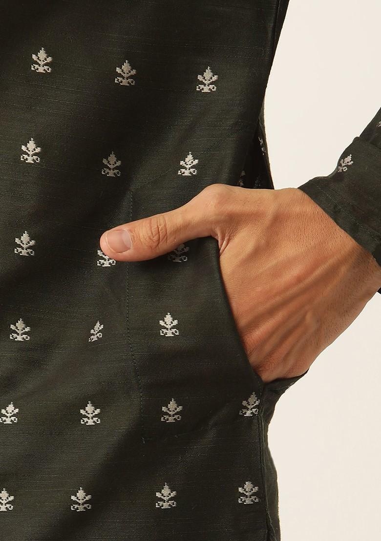 Green Ethnic Motifs Poly Blend Kurta Set For Men