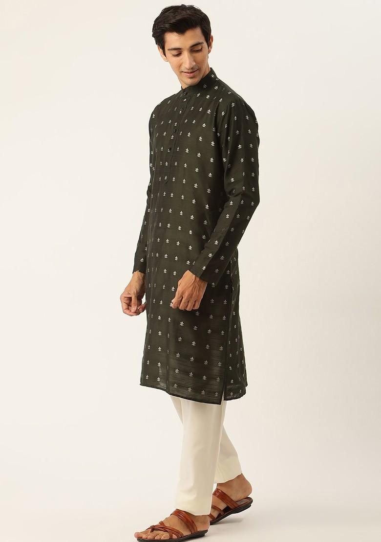 Green Ethnic Motifs Poly Blend Kurta Set For Men