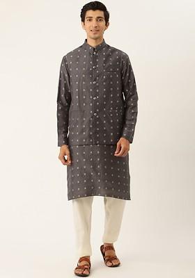 Charcoal Grey Ethnic Motifs Poly Blend Kurta Set For Men