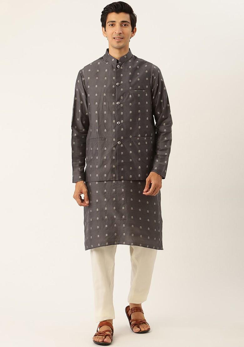 Charcoal Grey Ethnic Motifs Poly Blend Kurta Set For Men