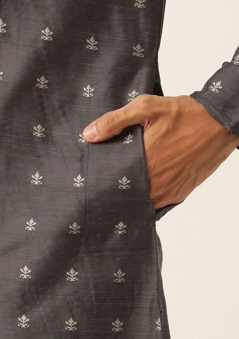 Charcoal Grey Ethnic Motifs Poly Blend Kurta Set For Men