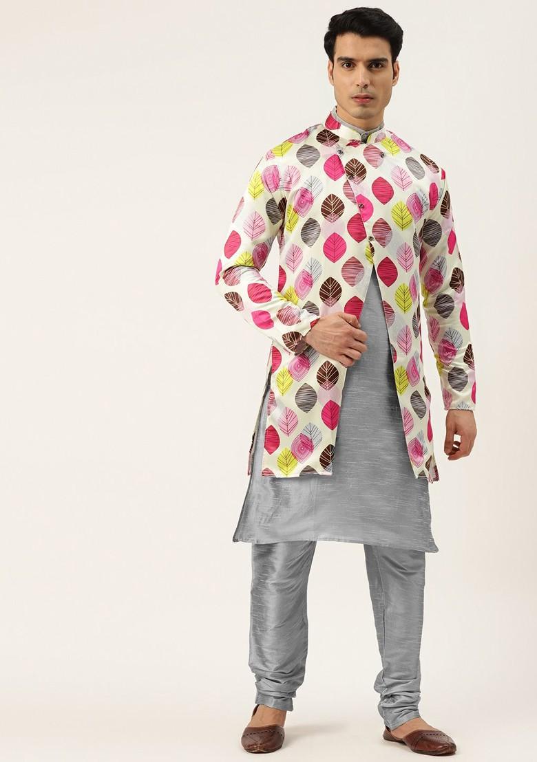 Grey Solid Poly Blend Kurta Set For Men