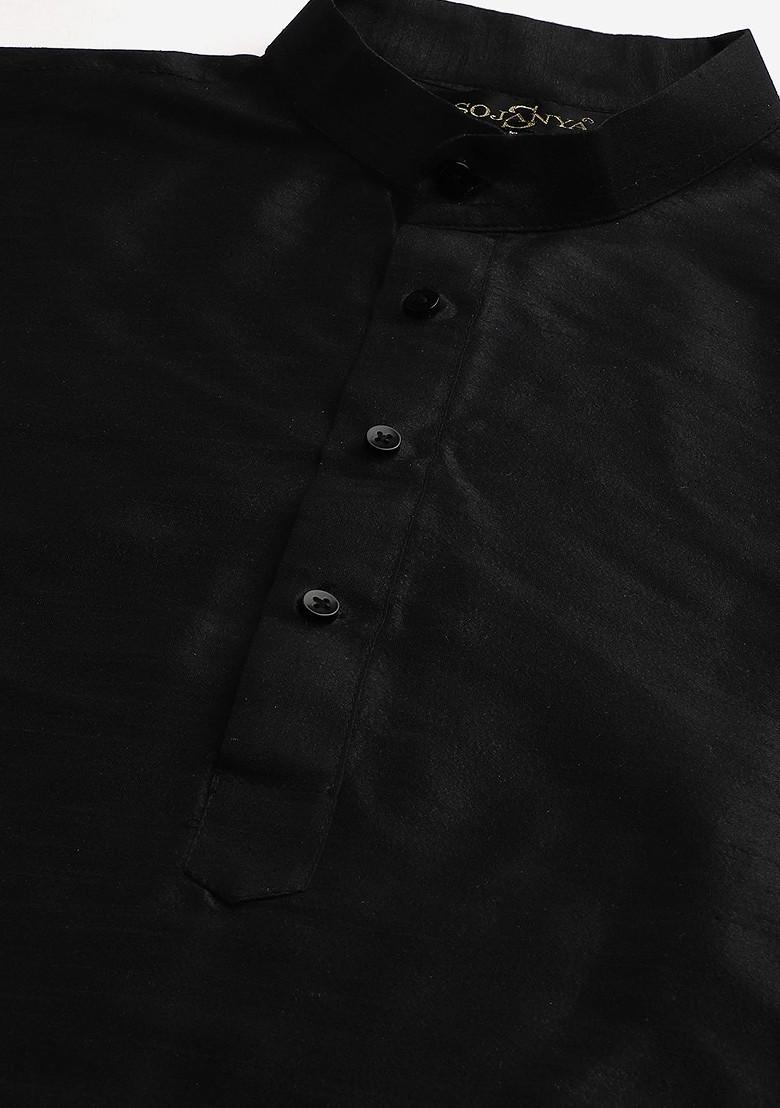 Black Thread Work Poly Blend Kurta Set For Men