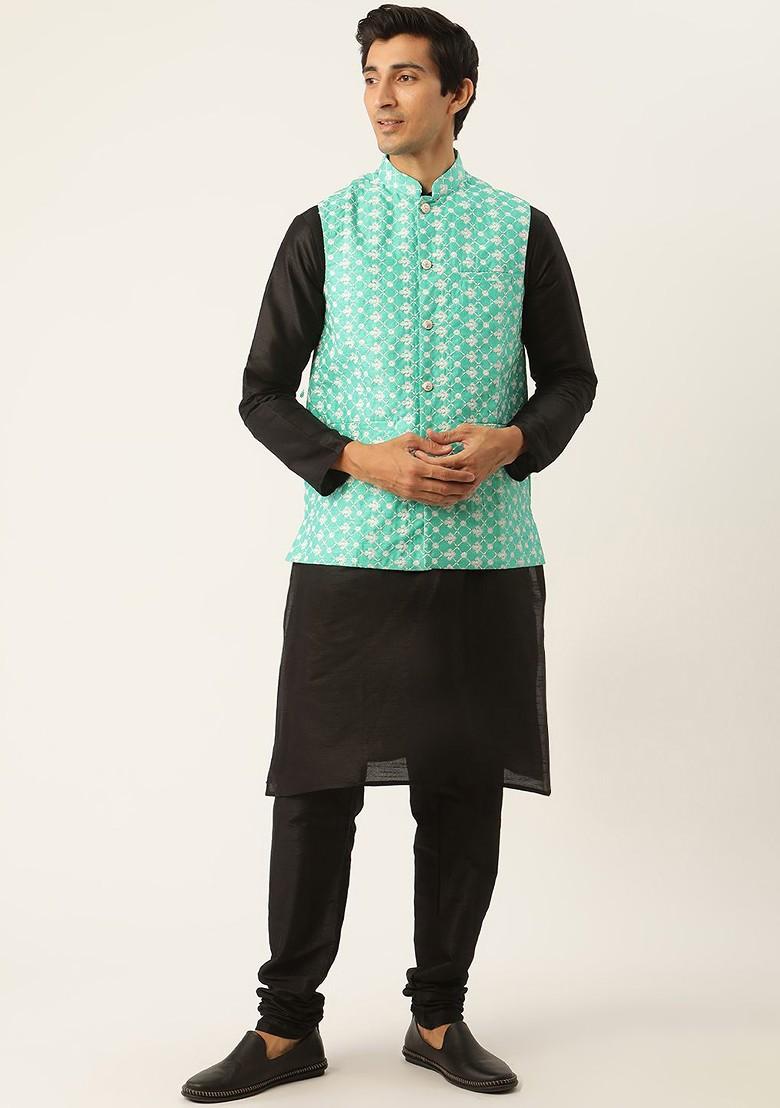 Black Thread Work Poly Blend Kurta Set For Men