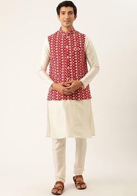 Off White Thread Work Poly Blend Kurta Set For Men
