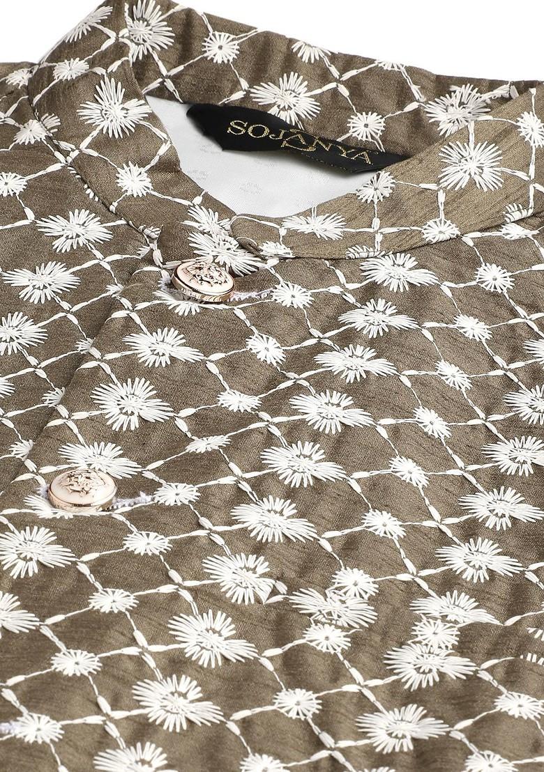 Off White Thread Work Poly Blend Kurta Set For Men