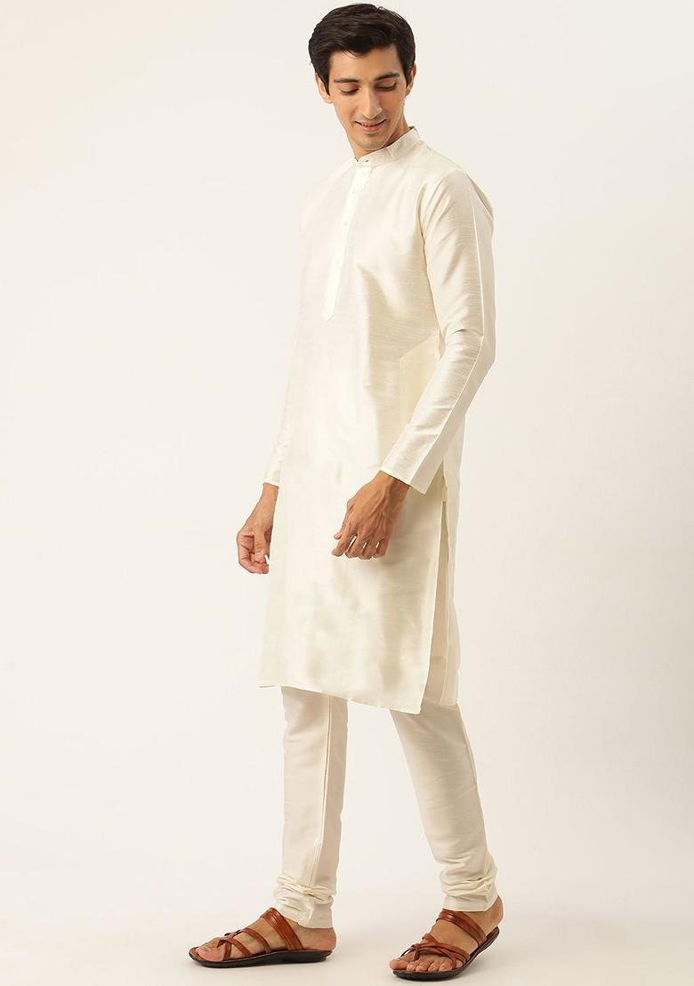 Off White Thread Work Poly Blend Kurta Set For Men
