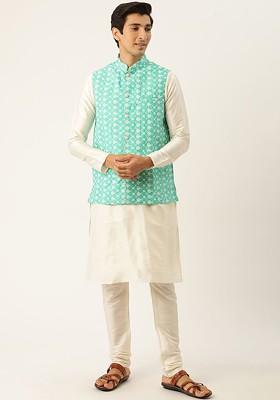 Off White Thread Work Poly Blend Kurta Set For Men