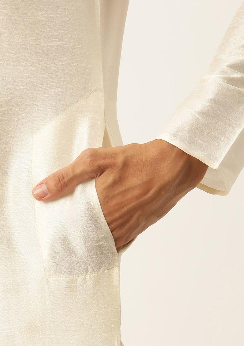 Off White Thread Work Poly Blend Kurta Set For Men
