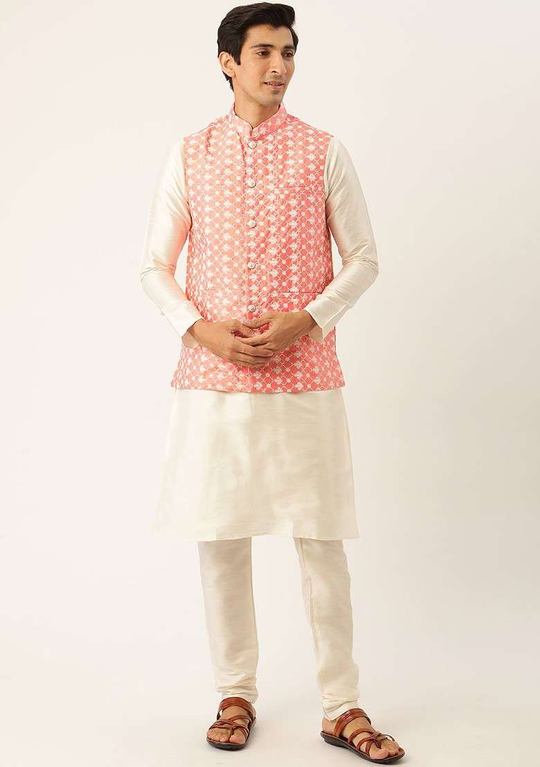 Off White Solid Poly Blend Kurta Set For Men - Indya