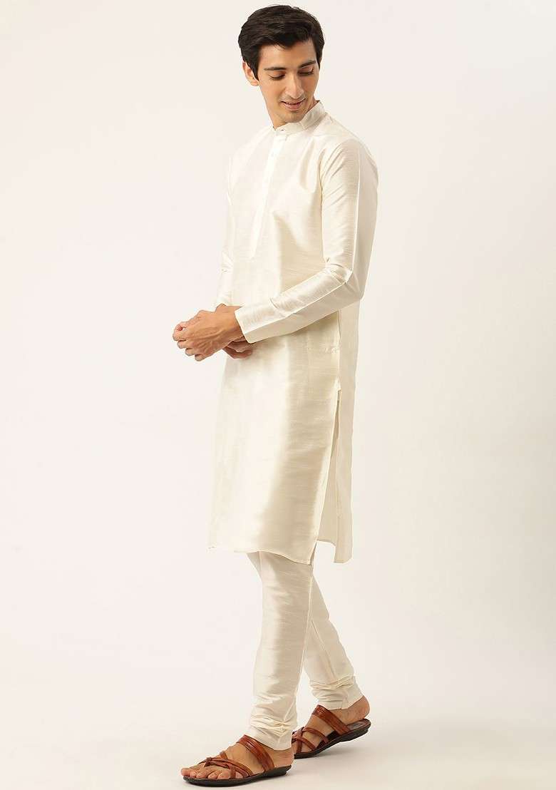 Off White Solid Poly Blend Kurta Set For Men - Indya