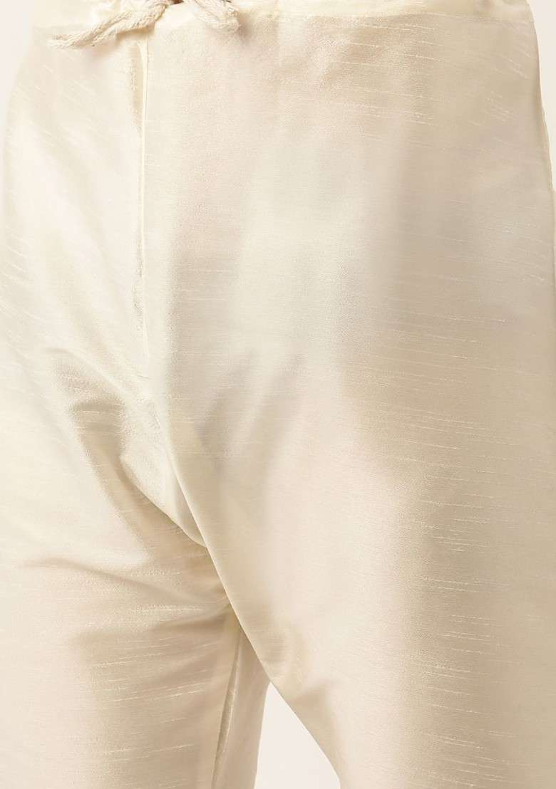Off White Solid Poly Blend Kurta Set For Men - Indya