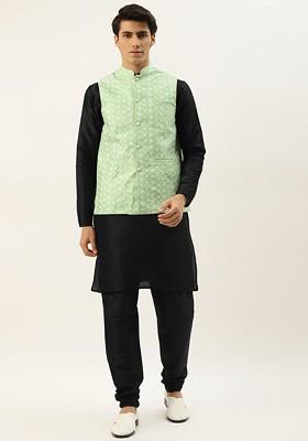 Black Thread Work Poly Blend Kurta Set For Men
