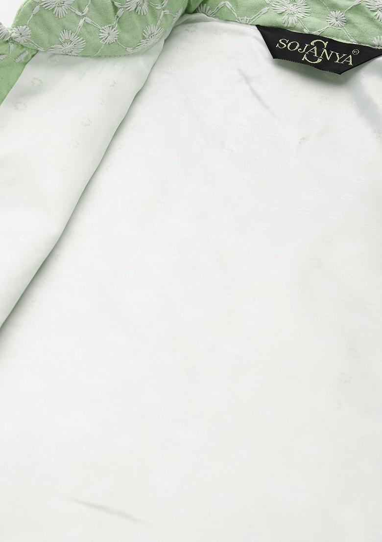 Black Thread Work Poly Blend Kurta Set For Men