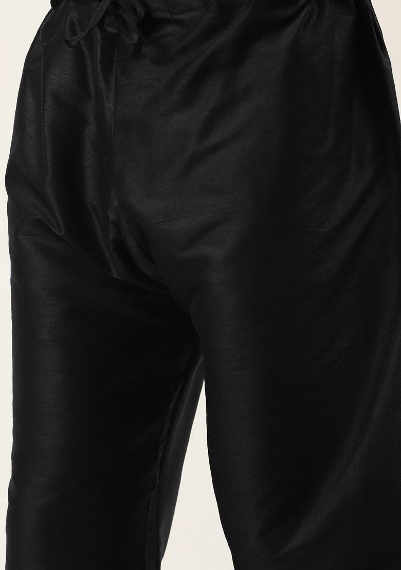 Black Thread Work Poly Blend Kurta Set For Men
