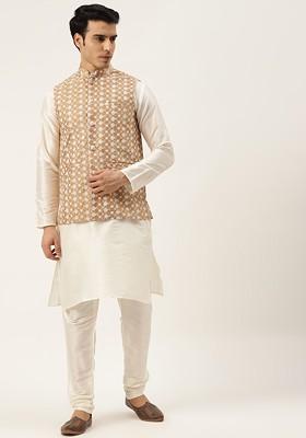 Off White Thread Work Poly Blend Kurta Set For Men