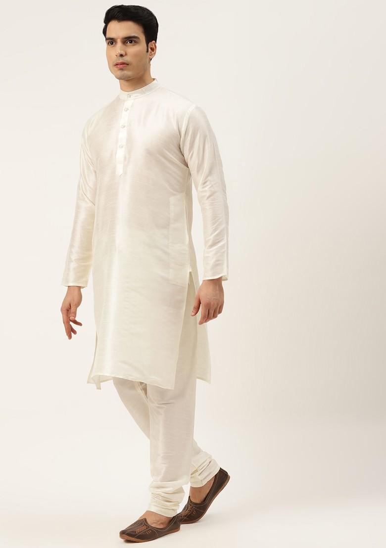 Off White Thread Work Poly Blend Kurta Set For Men