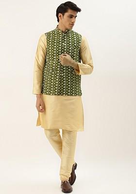 Gold Thread Work Poly Blend Kurta Set For Men