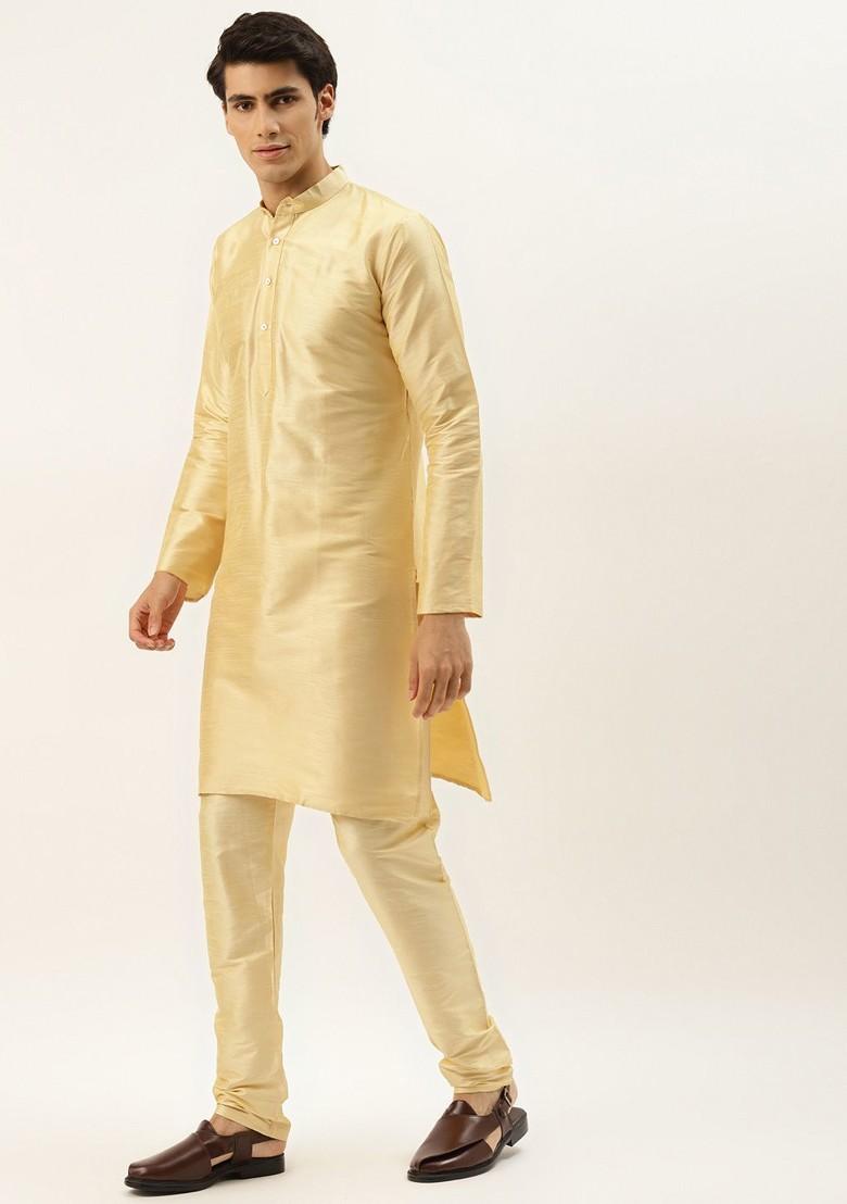 Gold Thread Work Poly Blend Kurta Set For Men