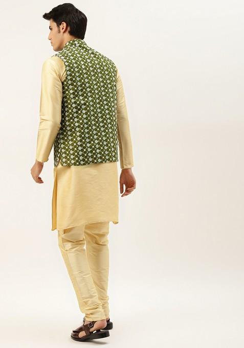 Gold Thread Work Poly Blend Kurta Set For Men