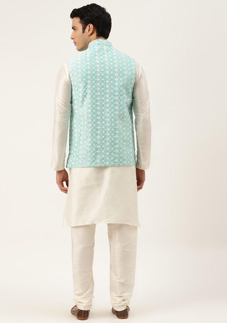 Off White Thread Work Poly Blend Kurta Set For Men