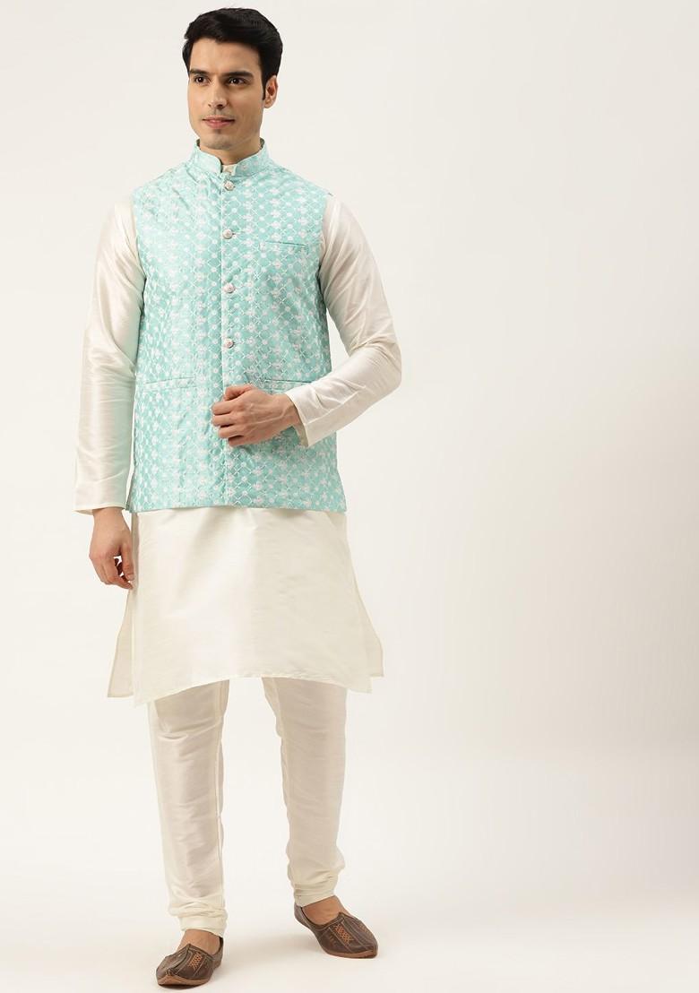 Off White Thread Work Poly Blend Kurta Set For Men
