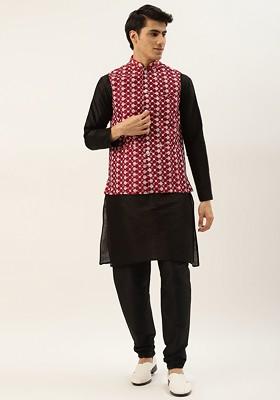 Black Thread Work Poly Blend Kurta Set For Men