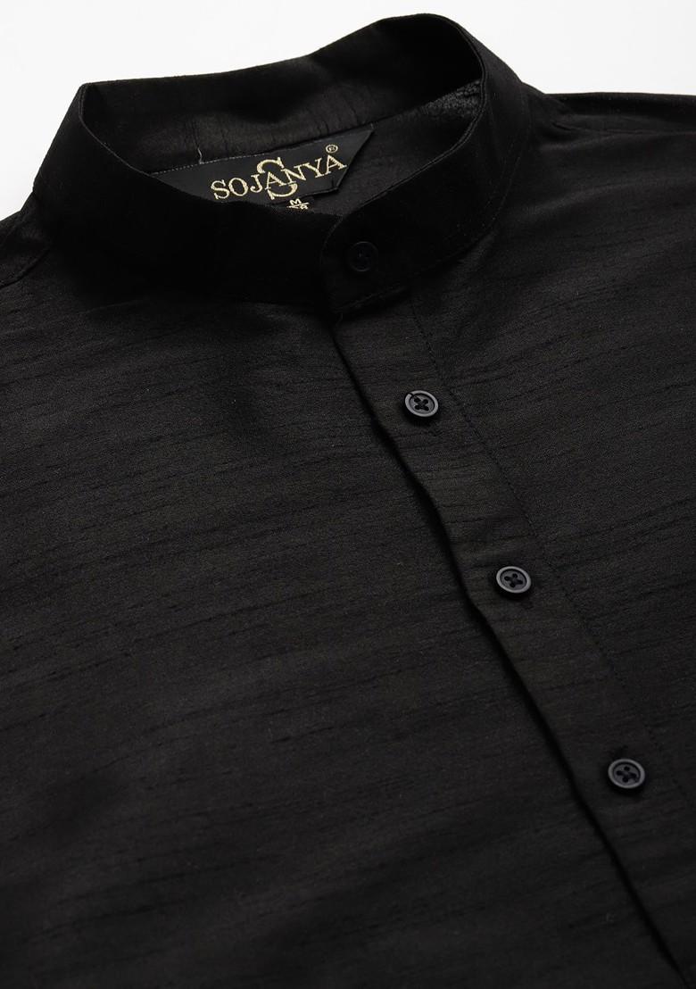 Black Thread Work Poly Blend Kurta Set For Men