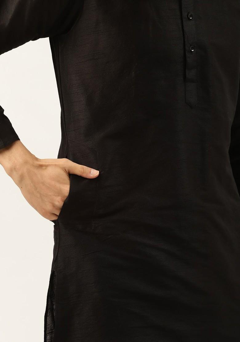 Black Thread Work Poly Blend Kurta Set For Men