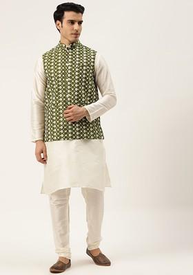 Off White Thread Work Poly Blend Kurta Set For Men