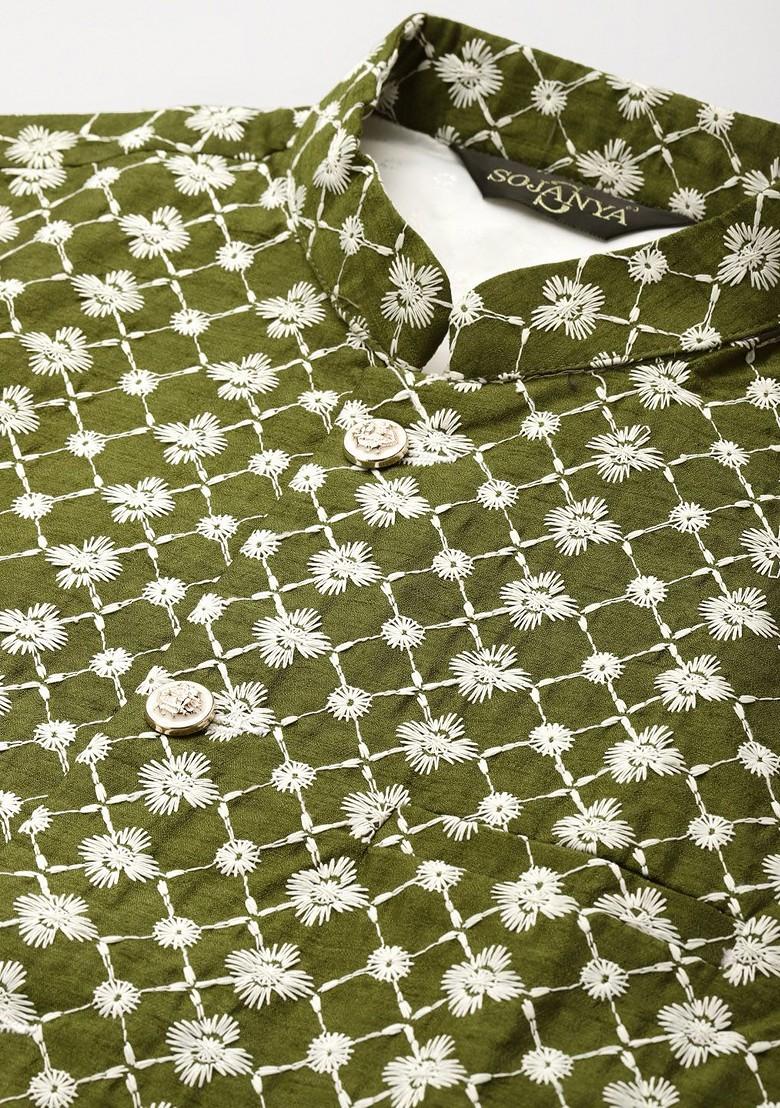 Off White Thread Work Poly Blend Kurta Set For Men