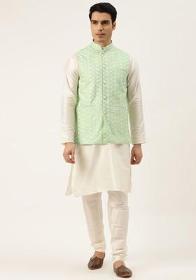 Off White Thread Work Poly Blend Kurta Set For Men