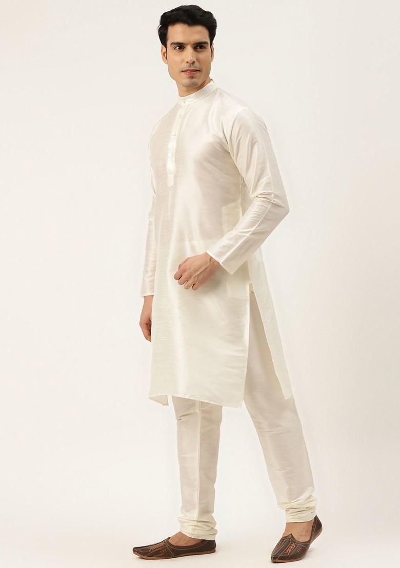Off White Thread Work Poly Blend Kurta Set For Men
