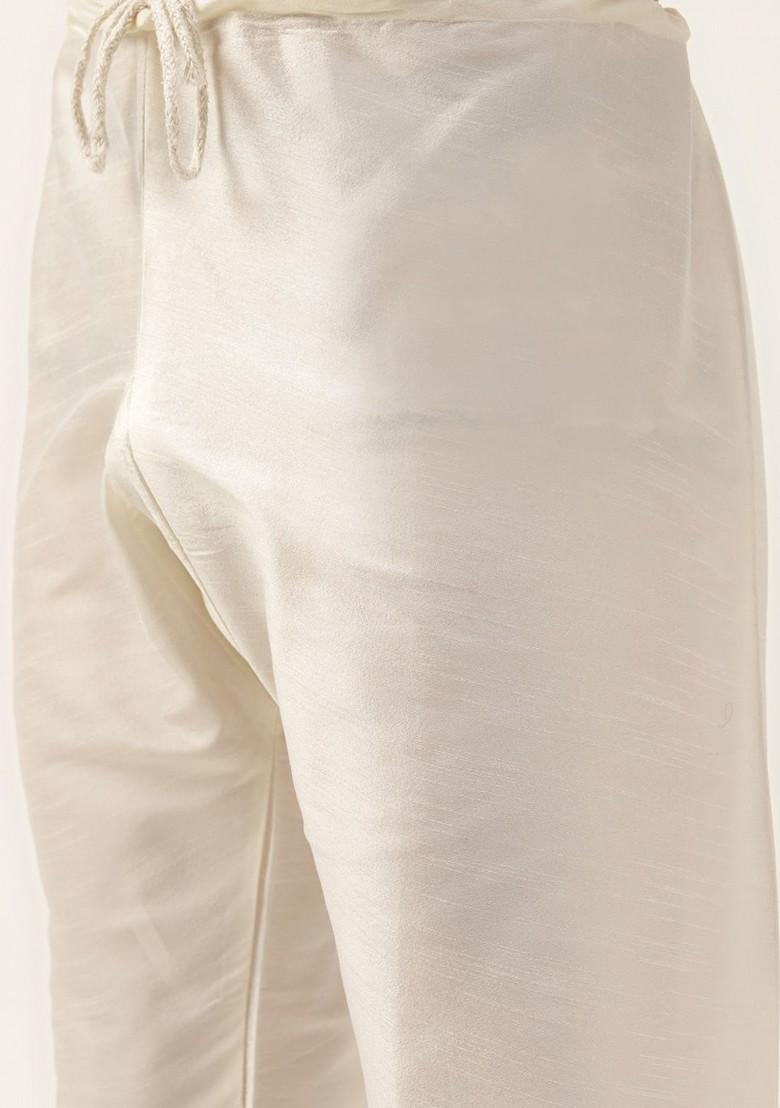 Off White Thread Work Poly Blend Kurta Set For Men