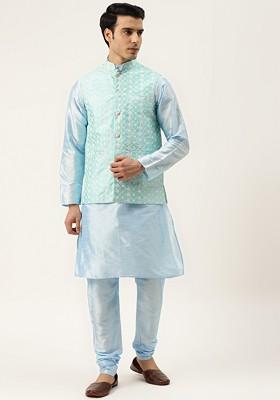 Turquoise Blue Thread Work Poly Blend Kurta Set For Men