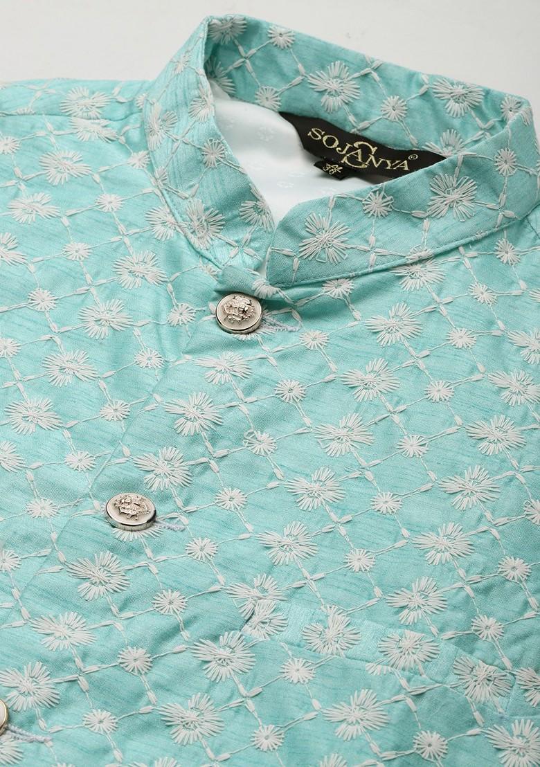 Turquoise Blue Thread Work Poly Blend Kurta Set For Men