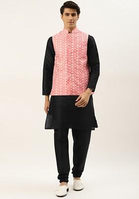 Black Thread Work Poly Blend Kurta Set For Men