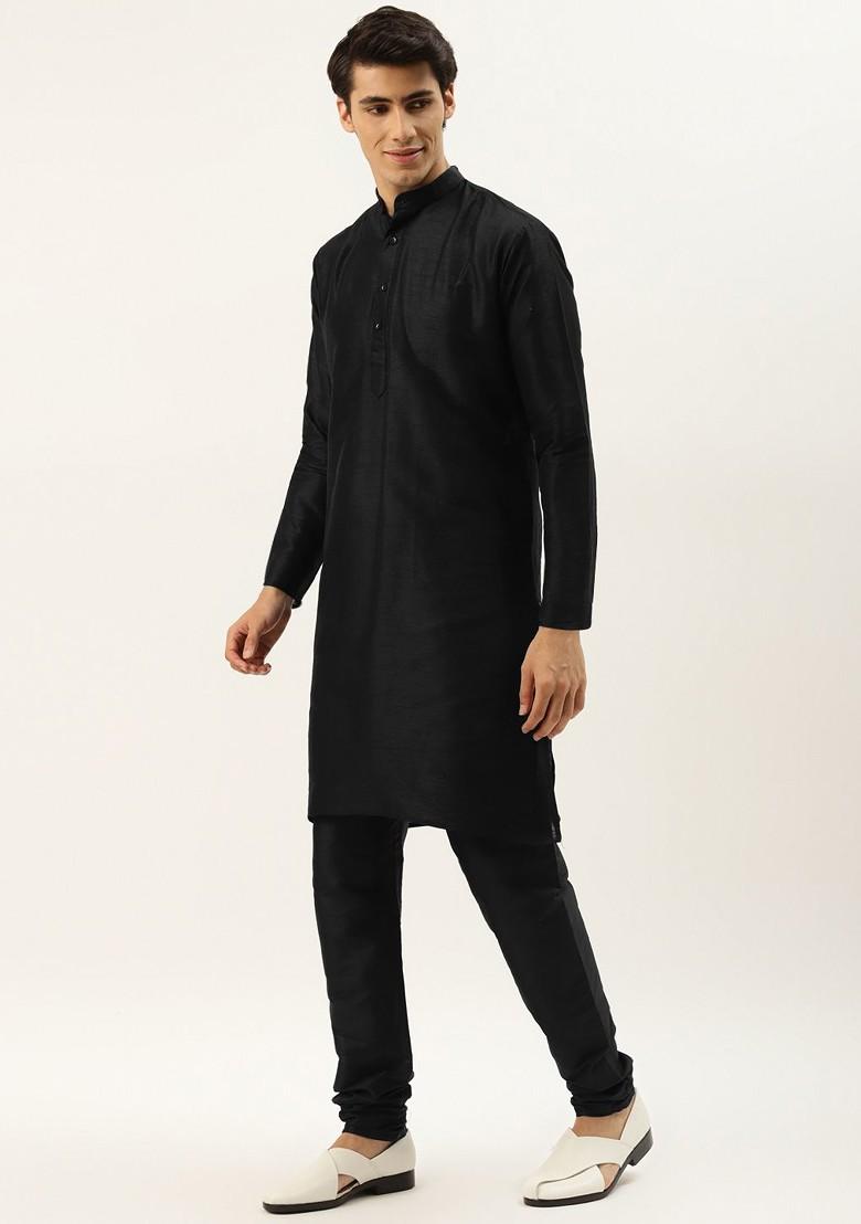 Black Thread Work Poly Blend Kurta Set For Men