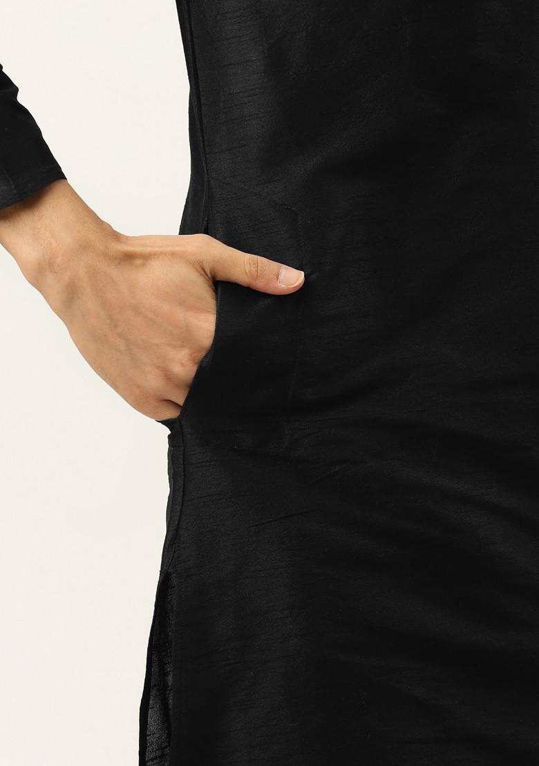 Black Thread Work Poly Blend Kurta Set For Men