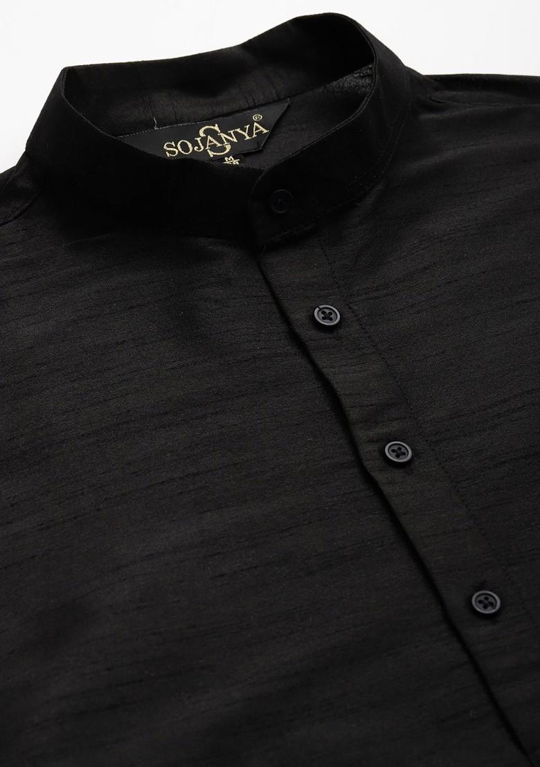 Black Thread Work Poly Blend Kurta Set For Men