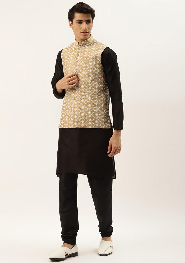 Black Thread Work Poly Blend Kurta Set For Men